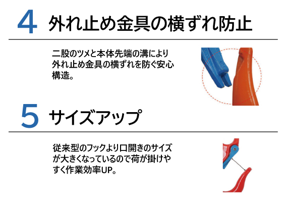 【Vフック特徴】4.外れ止め金具の横ずれ防止　5.サイズアップ