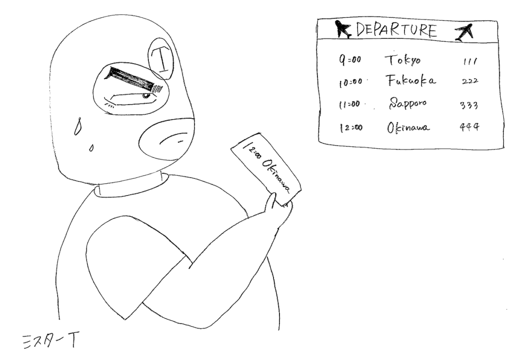 飛行機の時刻表を確認するミスターT