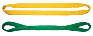 黄色のエンドレス形のラウンドスリングと緑の両端アイ形のラウンドスリング