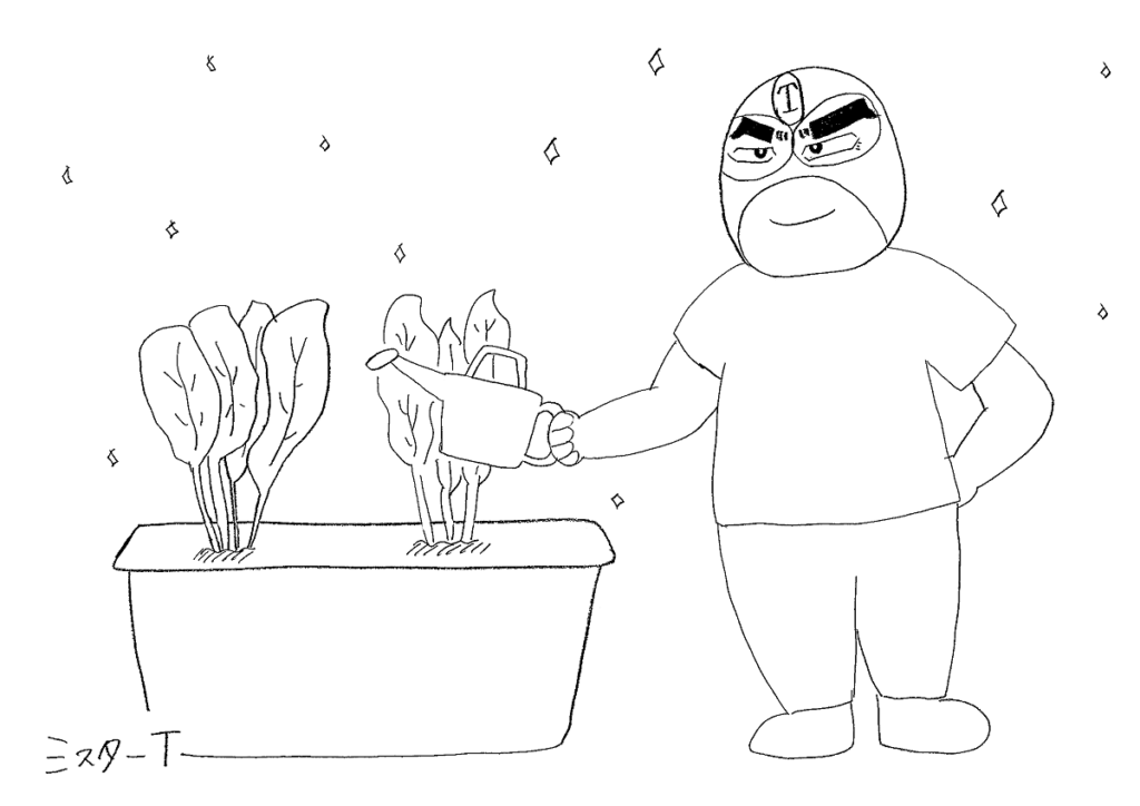 ほうれん草に水をあげるミスターT